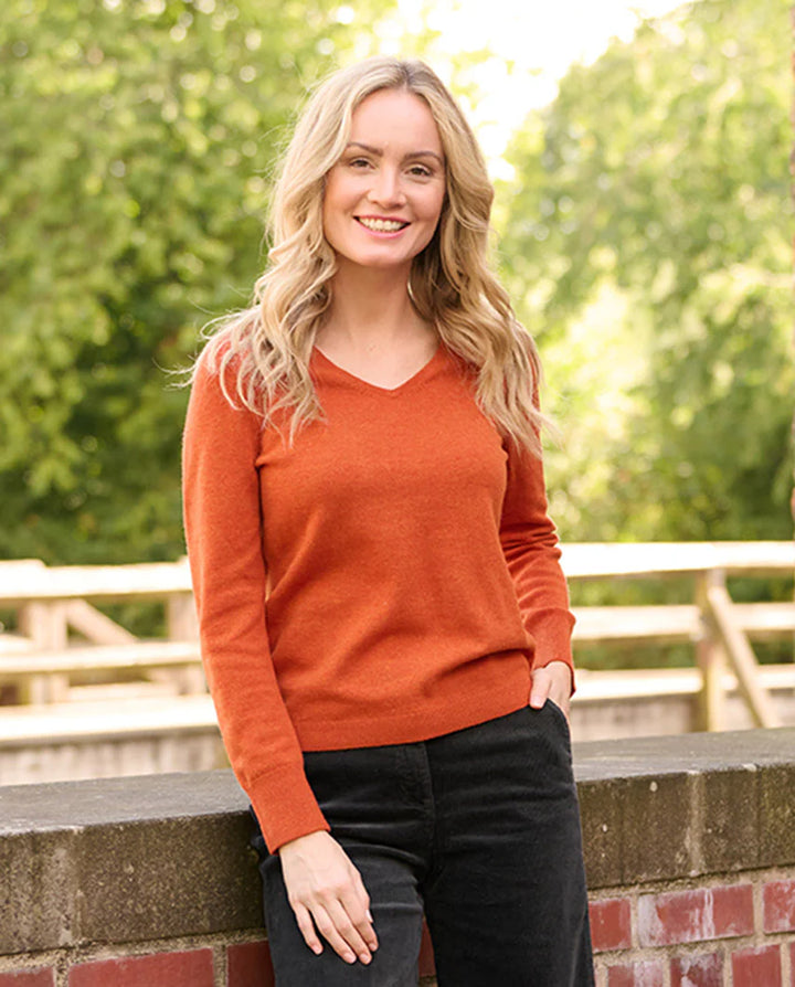 Mary ladies merino pullover, v-hals, burnt orange