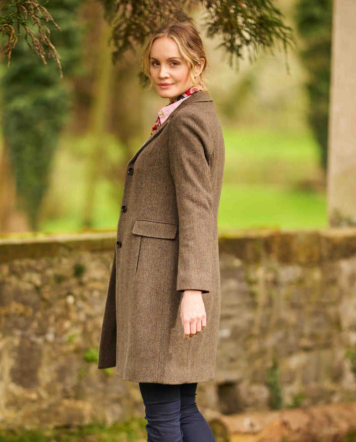 Emilia Tweed Coat dame, Cashmere and Wool Tweed, brun sildeben