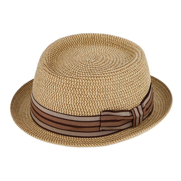 Sommerhat Porky Pie papirhat, beige/brun stribet bånd