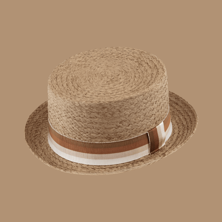 Sommerhat Zylinder papirhat, beige/brun/kamel stribet bånd