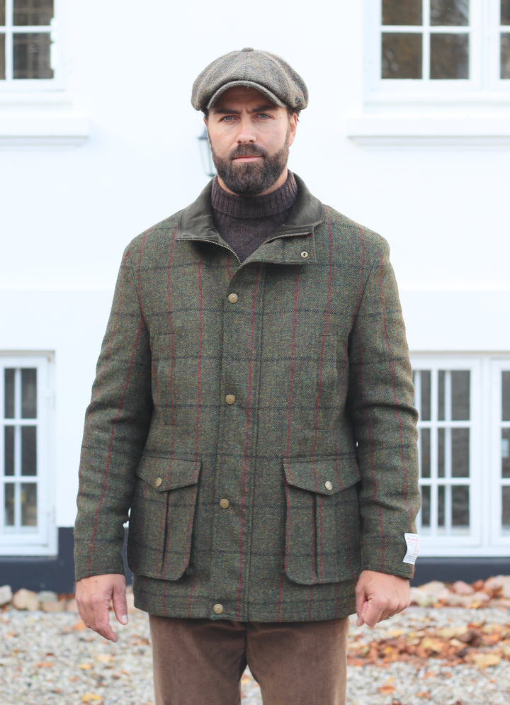 Bristol Field Coat skydejakke Harris Tweed, grøn m. blå/vinrød overtern