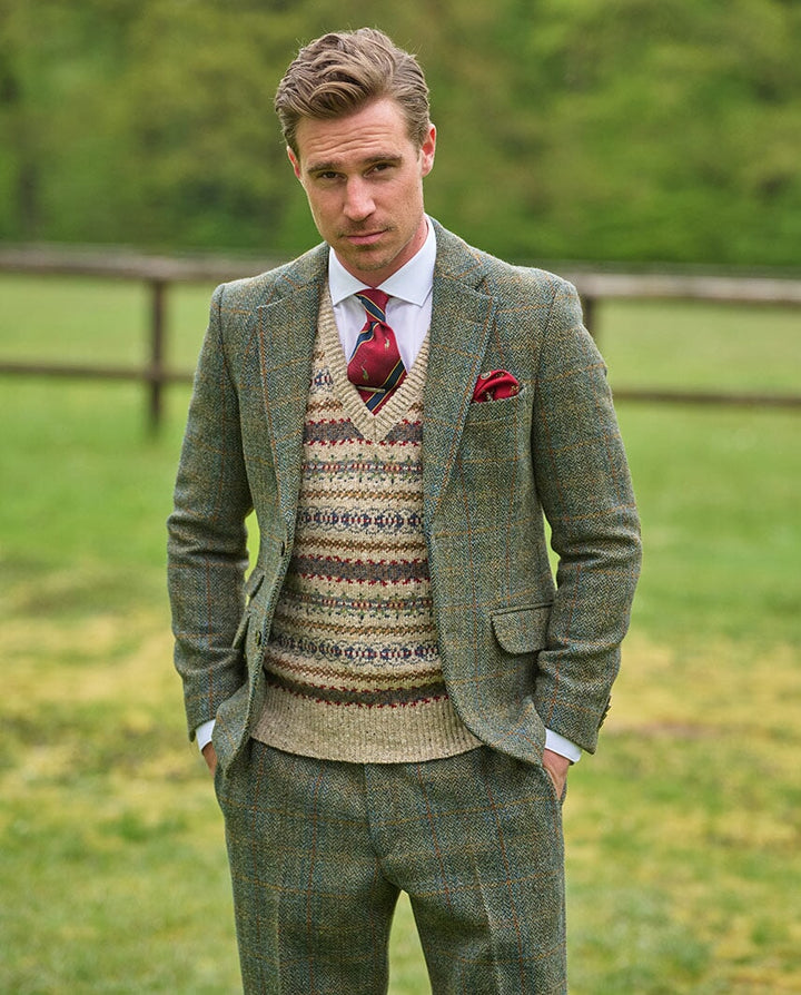 London tweed blazer, Harris Tweed, oliven med blå overtern