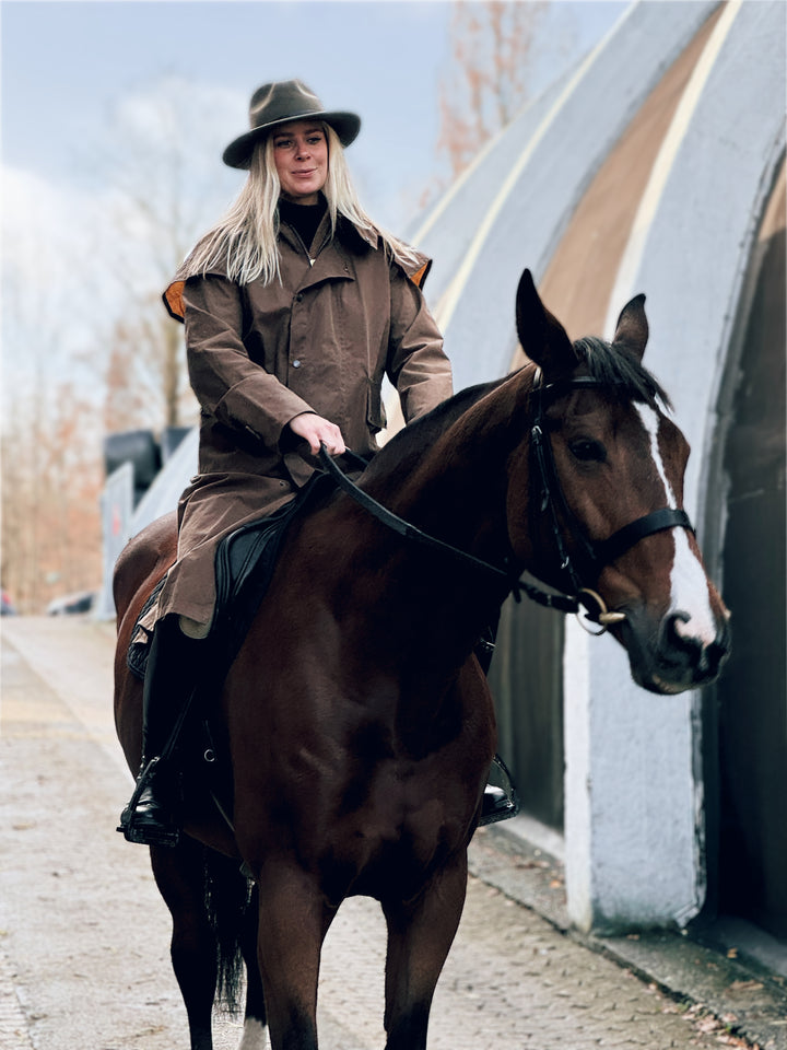 Oilskinsjakke Stockman Long Cape, unisex, mørk beige