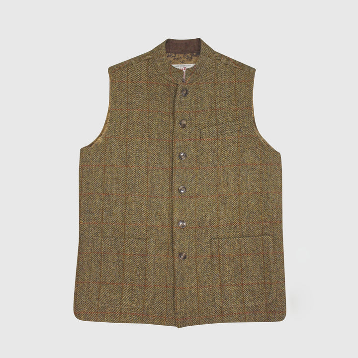 William Tweed Gilet vest med Nehru krave, Harris Tweed, mustard